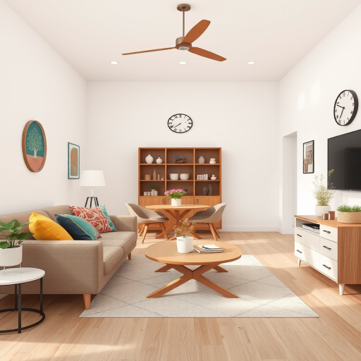 regenerate a modern interior illustration of a cozy living space featuring a sofa with colorful cushions, a dining table with chairs, decorative elements like a clock and flowers, using a DSLR camera with a 24mm lens, aperture set at f/8, ISO 200, and a wide-angle perspective for enhanced clarity and depth