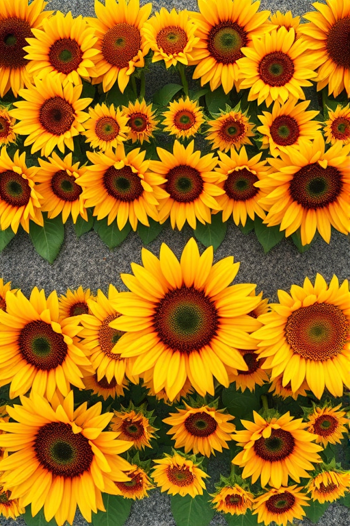 Create a detailed image of vibrant sunflowers arranged in three horizontal lines with varying sizes and spacing, using a DSLR camera with a 50mm lens, aperture set to f/2.8 for a shallow depth of field, ISO 200, taken from an overhead view to capture the patterns of the sunflowers against a clear background.