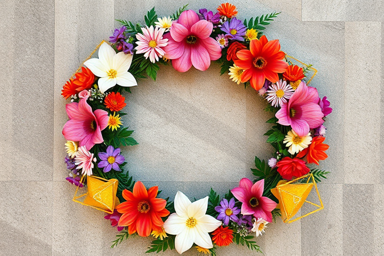Create a high-resolution floral wreath design featuring vibrant flowers and geometric golden accents, captured with a DSLR camera at f/2.8 aperture, 50mm lens, and natural lighting, from a top-down view to enhance detail and color vibrancy.