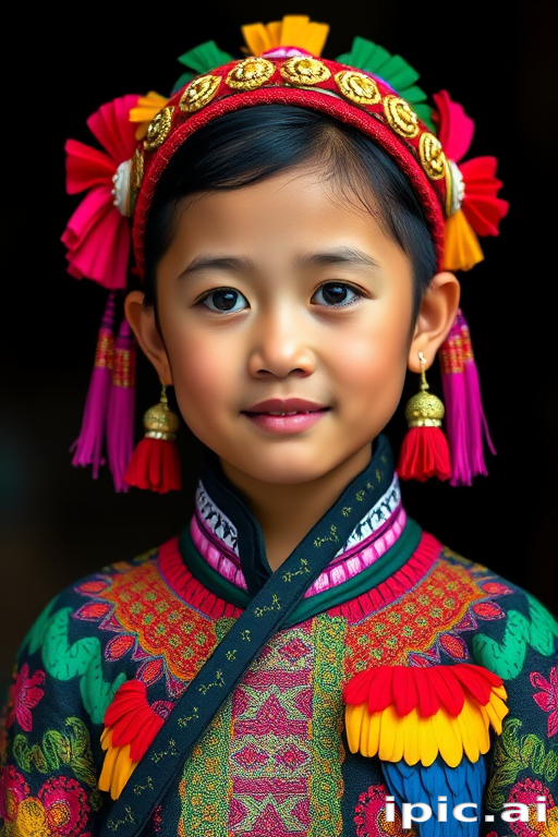 A beautiful Miao girl, wearing colorful bird clothing with vibrant colors