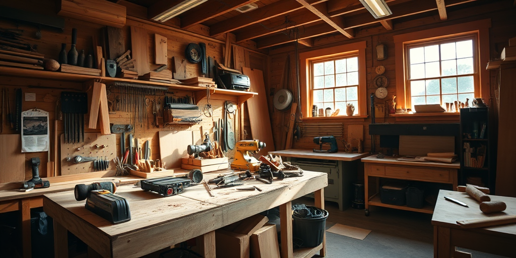 A well-lit woodworking shop featuring a wooden workbench cluttered with various tools, natural light streaming through large windows, shallow depth of field, ISO 100, f/4, 1/60 sec, DSLR camera, wide-angle lens.