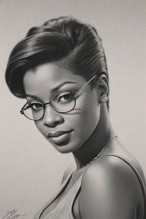 Alluring Fantasia Barrino, pencil sketch, portrait of Fascinating woman 1947s in glasses, hair style beatnik, outline, clear lines, fine lines, 8k