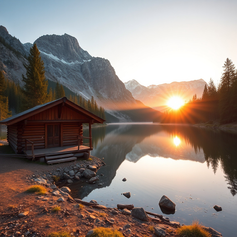 Generate a serene landscape of a wooden cabin by a reflective lake surrounded by towering mountains and lush evergreen trees at sunrise, using a DSLR camera, 35mm lens, aperture f/8, ISO 100, shutter speed 1/250s, and a wide-angle view for enhanced depth and clarity.