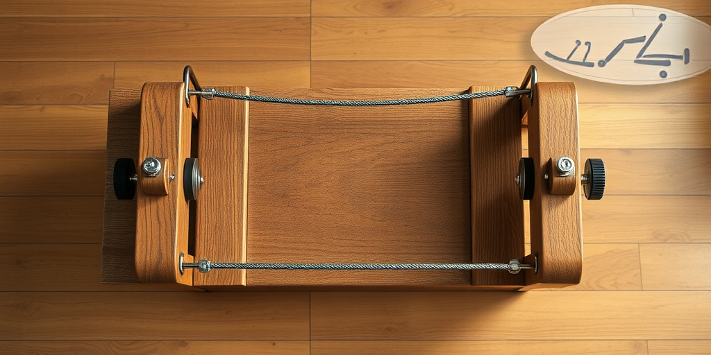 A high-resolution image of a vintage wooden exercise machine, captured from a top-down view using a DSLR camera with a 50mm lens, aperture f/2.8, ISO 100, and a soft diffused lighting setup to enhance texture and detail.
