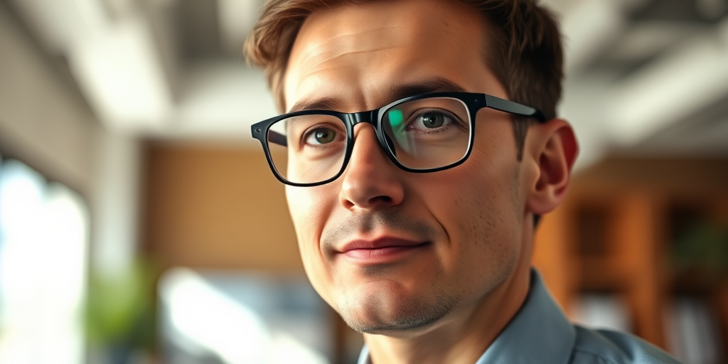 portrait of a man with glasses in an office setting, natural lighting, shallow depth of field, 85mm lens, f/1.8, ISO 200, 1/125s, focus on the subject, soft background blur