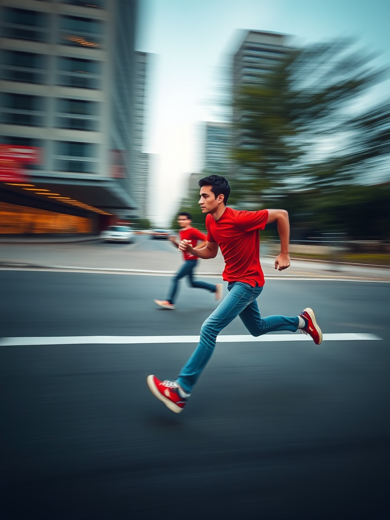 Create an animated sequence of a man in a red shirt running, showcasing motion blur, photographed with a DSLR camera at f/8, ISO 100, 1/500 sec shutter speed, using a wide-angle lens to capture dynamic movement.