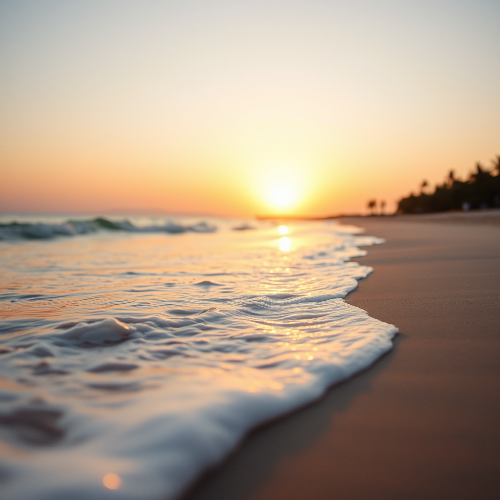 Soft-focus image of a beach at sunset, waves gently lapping at the shore, with soft golden light reflecting off the sand and distant palm trees swaying in the evening breeze.
