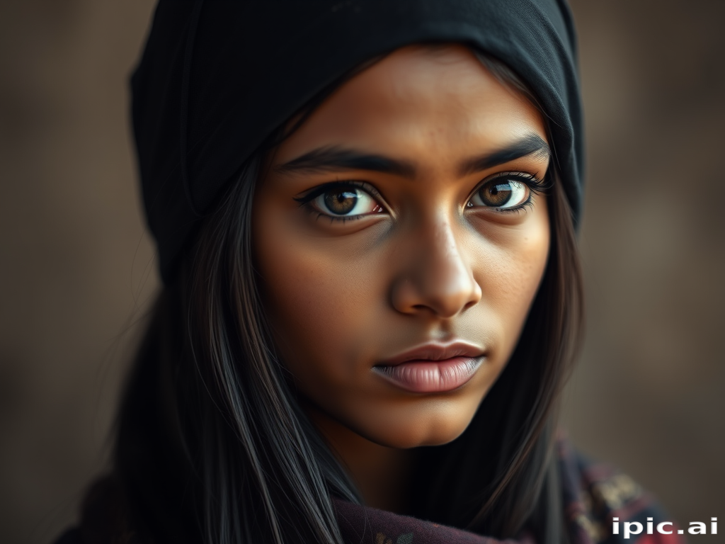 Create a portrait of a young Sri Lankan woman with long, dark hair and captivating hazel eyes. She is wearing a dark headscarf and a matching scarf draped gracefully around her neck. The background is softly blurred, focusing attention on her serene and natural expression. The overall color palette is muted and warm, enhancing the intimate and authentic feel of the portrait.
