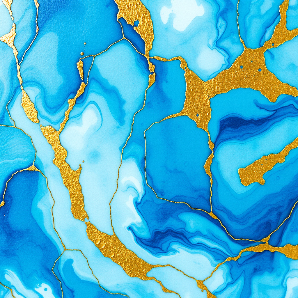 Create an abstract watercolor image with swirling blue and teal hues, accented with gold veins, captured with a Canon EOS R5, 50mm lens, f/1.8 aperture, ISO 100, in a top-down view, using natural soft light for enhanced vibrancy and clarity.