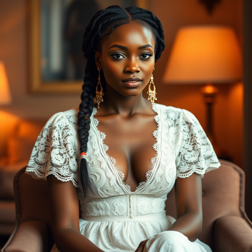 Create a portrait of a refined and elegant Oromo woman seated in a sophisticated setting. She has long, wavy hair styled in two thick braids that are pulled over her shoulders. She wears a white, lace gown with intricate patterns, featuring a deep V-neckline and short sleeves. The dress exudes a vintage charm with its delicate lacework. She is adorned with ornate, dangling earrings that add a touch of glamour to her appearance. The background is softly lit, with warm, ambient lighting that creates a cozy and inviting atmosphere. Her expression is poised and serene, capturing a sense of grace and elegance.