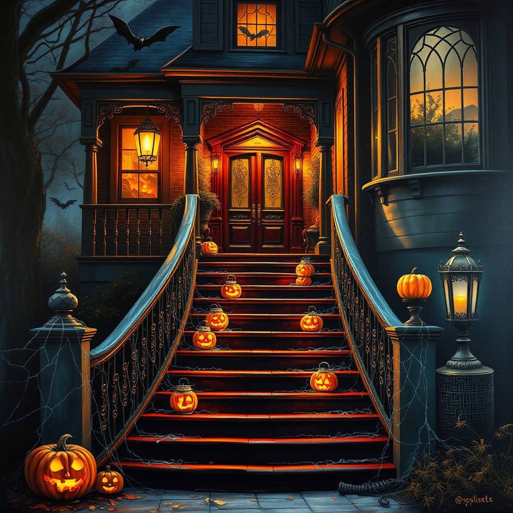 airbrushed oil painting, halloween theme, a haunted house, stairs, highly decorated, illuminated, lanterns, jack o'lantern, bats, webcobs