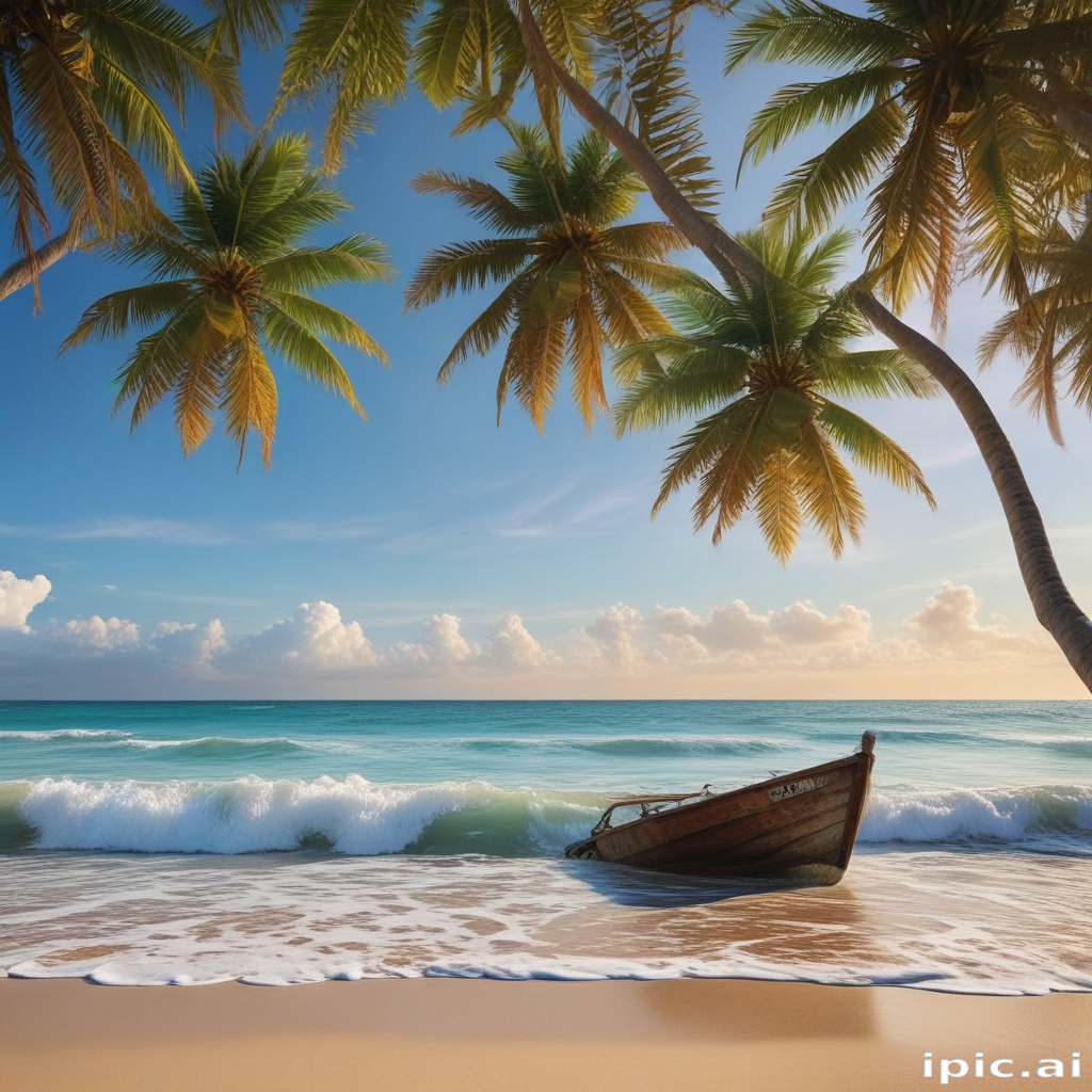 Tranquil Beach Scene with a Boat Surrounded by Lush Palm Trees