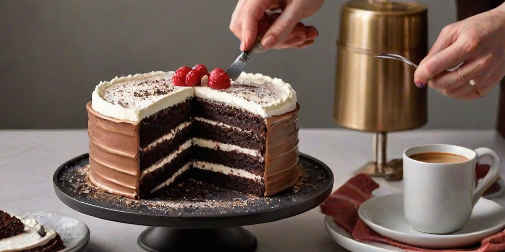 Create an image of a beautifully layered cake on a decorative cake stand. The cake has a smooth white frosting and is topped with a rich chocolate dusting. A hand is gently sprinkling cocoa powder over the cake. Include a small cup of coffee on the side and a knife resting nearby. The setting should be bright and inviting, with a simple tablecloth underneath.
