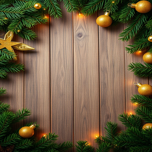 create a festive image of a wooden background with evergreen branches framing the edges, adorned with gold glitter ornaments and soft glowing lights, use a DSLR camera with a 50mm lens, aperture f/2.8, ISO 100, and a shallow depth of field for a blurred background effect