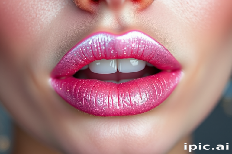 Holographic pink lips dubbed "Galactic Rose" combine a soft pink base with multi-colored sparkles, creating a cosmic and dreamy appearance for celestial-inspired looks