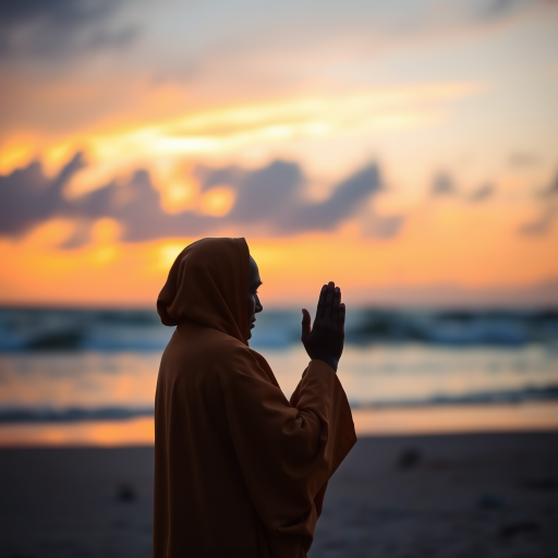 Generate an image of a serene sunset at the beach with a figure in traditional robes praying, captured with a Canon EOS R5, 50mm lens, f/1.8, ISO 100, 1/200s, warm color tones, high dynamic range, soft focus background.