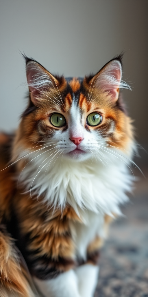Photograph a fluffy calico cat with a soft focus background, using a Canon EOS 5D Mark IV camera, 50mm f/1.8 lens, aperture set to f/2.8, ISO 100, and a shutter speed of 1/200s, ensuring the lighting is soft and even to highlight the cat's fur and expressive eyes.