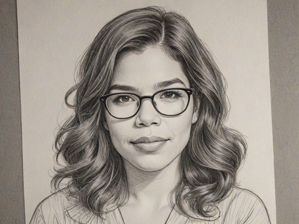 Lovely America Ferrera, pencil sketch, portrait of Beauteous woman 1976s in glasses, hair style beatnik, outline, clear lines, fine lines, 8k