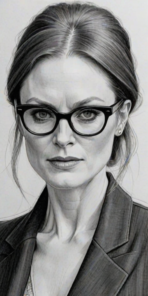 Bewitching Julianne Moore, pencil sketch, portrait of Fascinating woman 1927s in glasses, hair style beatnik, outline, clear lines, fine lines, 8k