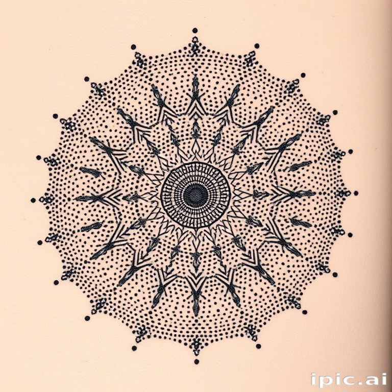 Dotwork mandala tattoo titled "Cosmic Harmony" showcasing an intricate circular pattern composed entirely of tiny dots, creating a mesmerizing optical illusion of movement and depth, with gradually increasing dot density towards the center
