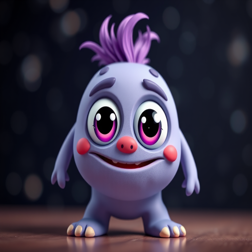 Create a whimsical 3D character of a cute cartoon monster with big eyes, a purple tuft, and a friendly smile, set against a sparkling starry background, using a DSLR camera with a 50mm lens, aperture f/2.8, ISO 100, and a shallow depth of field for a blurred background effect.