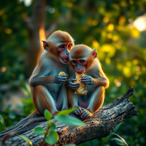 Capture a close-up image of two monkeys eating snacks on a log in a lush environment, using a Nikon D850, 85mm f/1.8 lens, aperture set to f/2.8 for shallow depth of field, ISO 200, and a natural light setting during the golden hour for enhanced detail and color vibrancy.