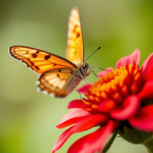 Close-up of a butterfly perched on a vibrant flower with a soft-focus background, using a macro lens, aperture f/2.8, shutter speed 1/200s, ISO 100, shot in natural light with a DSLR camera for enhanced clarity and detail.