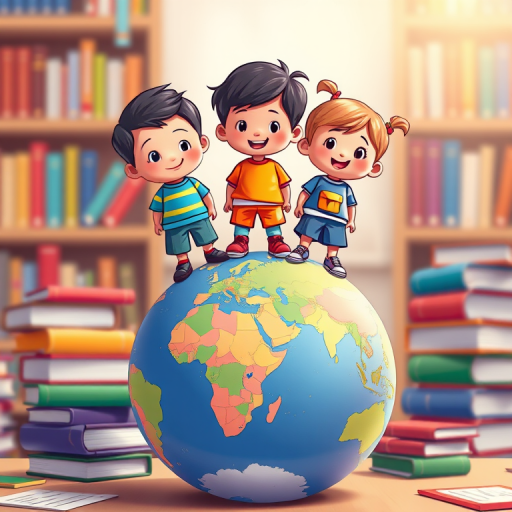 Create a digital illustration of three cartoon children standing on top of a globe surrounded by colorful books, using a vibrant color palette, with a 50mm lens, f/8 aperture, and a shallow depth of field for a more dynamic focus.