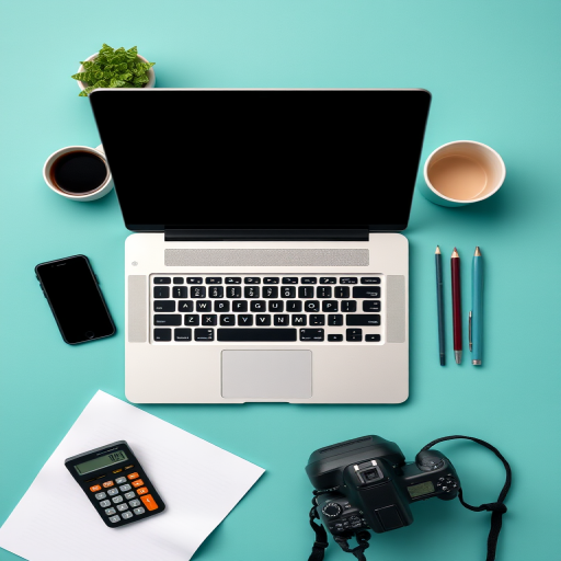 minimalistic workspace setup with a laptop, smartphones, a calculator, a cup, and stationery on a teal background, digital camera, aperture f/4, shutter speed 1/60s, ISO 100, top-down view, high resolution