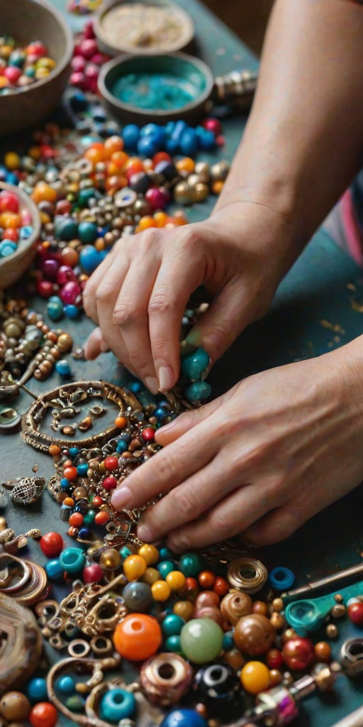Close-up of a woman’s hands crafting jewelry, surrounded by colorful beads and tools, soft light highlighting her focused expression and the intricate details of her work.
