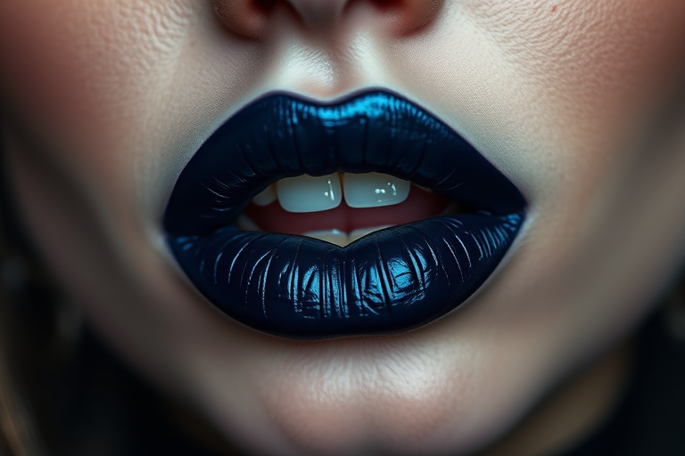 Enigmatic Midnight Blue lip style boasting a deep navy shade, metallic sheen, and long-wearing formula, perfect for edgy and alternative makeup looks
