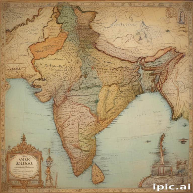 Detailed Vintage Map of India Highlighting Regions and Historical Features