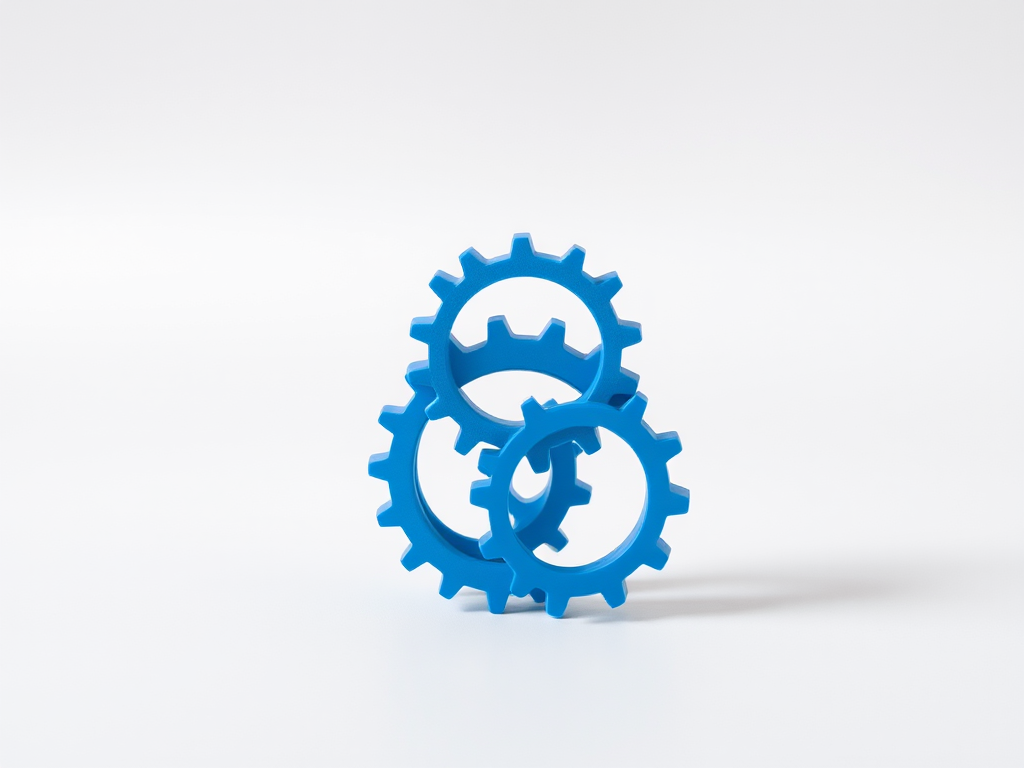 Create a minimalist design featuring three stacked blue gears on a light gray background, with soft shadows for depth; use a DSLR camera with a 50mm lens, aperture set to f/2.8, ISO 100, and a shallow depth of field for a clean, crisp focus.