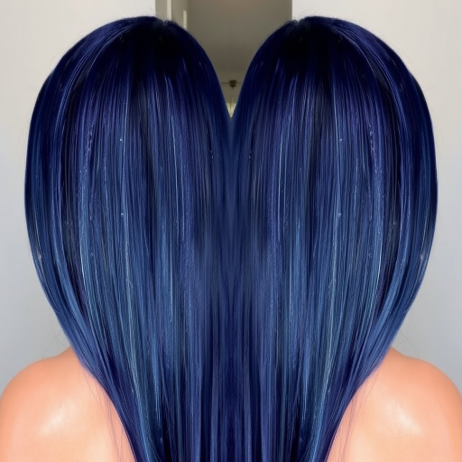 Midnight blue waist-length straight hair with silver streaks resembling shooting stars, named "Celestial Dream" look, showcasing a sleek and glossy finish