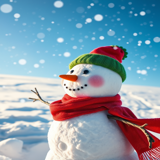 Create a high-resolution image of a snowman wearing a green hat and a red scarf in a snowy landscape, with falling snowflakes under a vibrant blue sky, captured with a DSLR camera at f/8 aperture, ISO 100, 50mm focal length, in a wide-angle view.