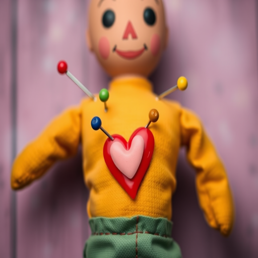 Create an image of a voodoo doll with a heart, featuring colorful pins, captured in high resolution using a DSLR camera with a 50mm lens, f/2.8 aperture, and a soft focus background for depth.