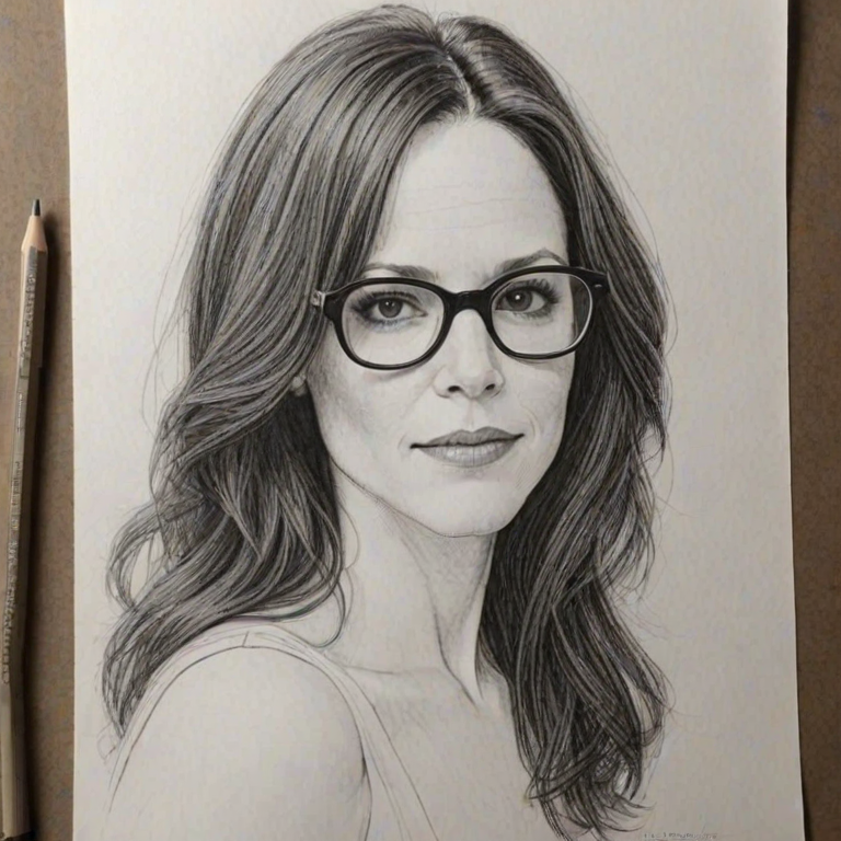 Alluring Mary Louise Parker, pencil sketch, portrait of Fascinating woman 1979s in glasses, hair style beatnik, outline, clear lines, fine lines, 8k