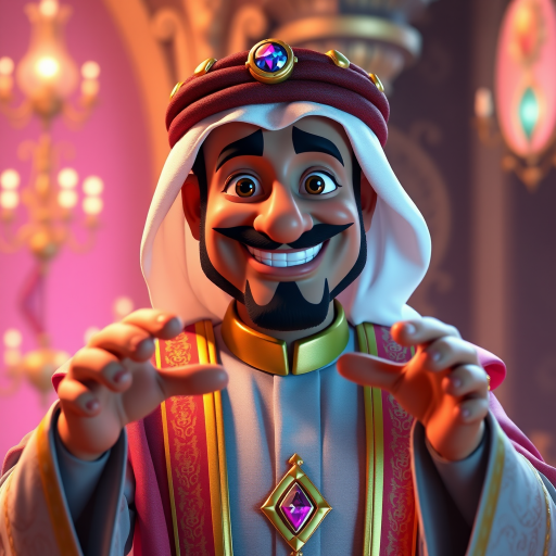 Create a 3D rendering of a wealthy Arab male sheikh from Dubai, inspired by the Disney animation style. The sheikh must have a smile and a playful but wise character. Place your character in an atmosphere of wealth and luxury. The image must be in high resolution format. Dynamic pose above the waist, gesturing with hands (Pixar Art style)++ highly detailed digital painting, art stations, concept art, soft focus, hard focus, illustrations. cinematic, visual effects, HDR, Unreal Engine 5, ray tracing, soft light, 8k, high detail, sparkling backlighting, luxury gem, game art, 3d, cartoon, colorful, magical, mysterious