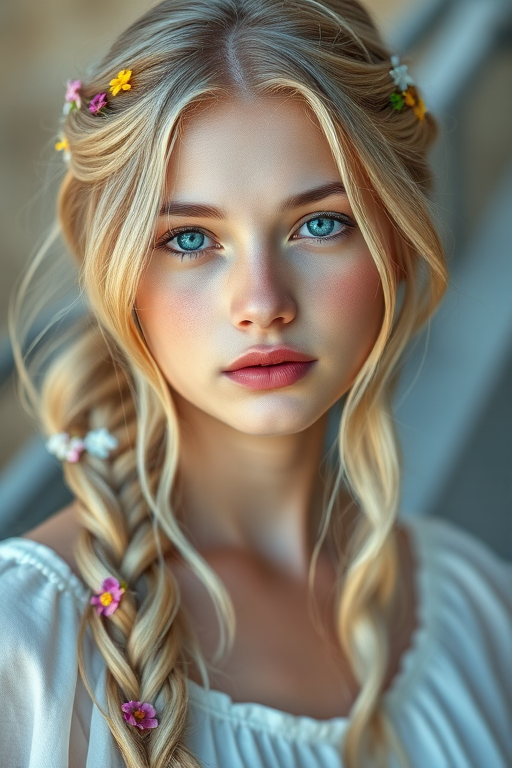 Create an image of a young Kyrgyz woman with long, wavy blonde hair, adorned with small, colorful flowers woven into her braids and loose strands. Her complexion is fair, with soft, glowing skin, and she has light blue eyes that gaze softly at the viewer. She wears a light, flowing dress with a gentle, ethereal quality, complementing her delicate and serene appearance. The background is slightly blurred, drawing focus to her tranquil expression and the intricate details of the flowers in her hair. The overall mood of the image is one of natural beauty and grace, evoking a sense of peacefulness and connection with nature.