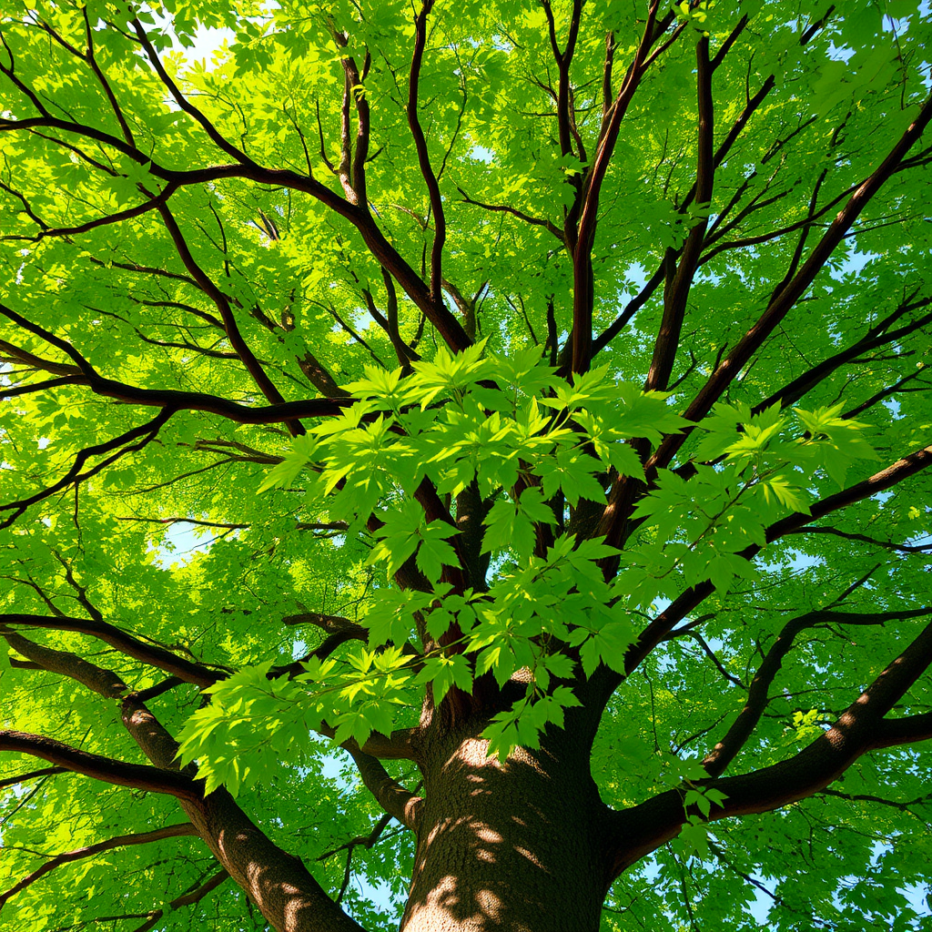 Create a vibrant and detailed illustration of a lush green tree with dense foliage, captured from a low angle viewpoint using a DSLR camera at f/4, ISO 100, and a shutter speed of 1/250 seconds for enhanced clarity and depth.