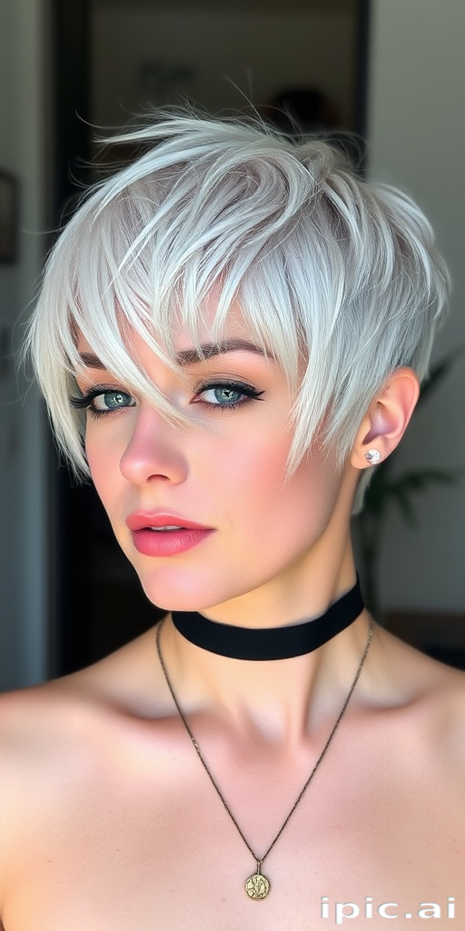 Textured pixie cut in cool-toned platinum, featuring choppy layers and piece-y bangs, exuding effortless cool-girl vibes and urban chic
