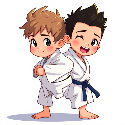 Create a high-resolution illustration of two cartoon characters in judo uniforms, one giving a piggyback ride to the other, vibrant colors, soft shadows, clean lines, captured with a digital camera at f/8 aperture, ISO 100, 50mm lens, shot in daylight for enhanced clarity and detail.