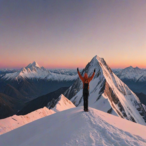 Crisp, high-resolution image of a mountain peak at dawn, soft pink and orange hues painting the sky, a lone climber standing at the summit, arms raised in triumph, snow-covered peaks in the background, long shadows stretching across the landscape.