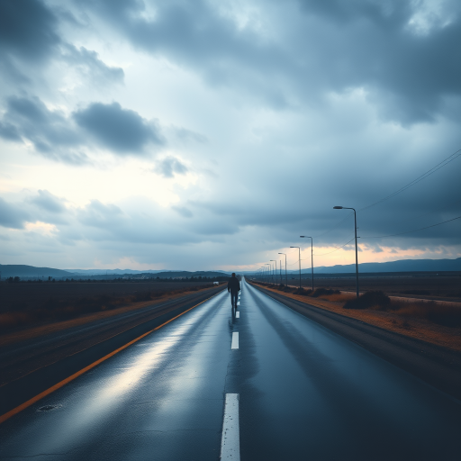 Generate a watercolor painting of a solitary figure walking down an empty road under a cloudy sky, with an emphasis on soft gradients and reflections on the wet pavement, using a Nikon D850 with a 50mm lens, f/2.8 aperture, ISO 200, and a wide-angle view to capture the expansive landscape.