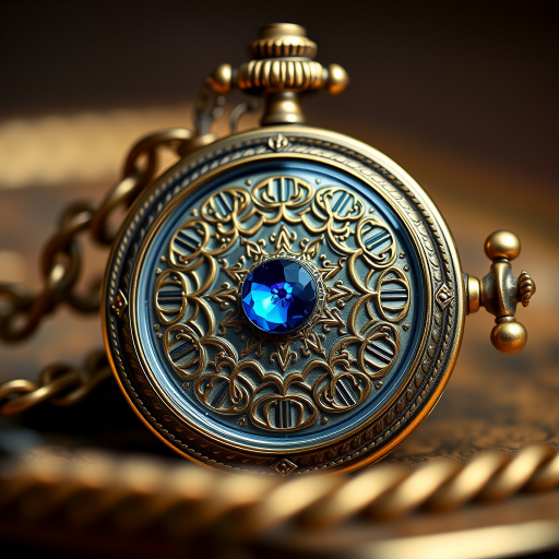 regenerate an ornate pocket watch with intricate designs and a glowing blue gem, focus on texture and detail, use a DSLR camera with a 50mm lens, set aperture to f/1.8 for a shallow depth of field, shoot in macro mode with soft backlighting for enhanced highlights and contrast.