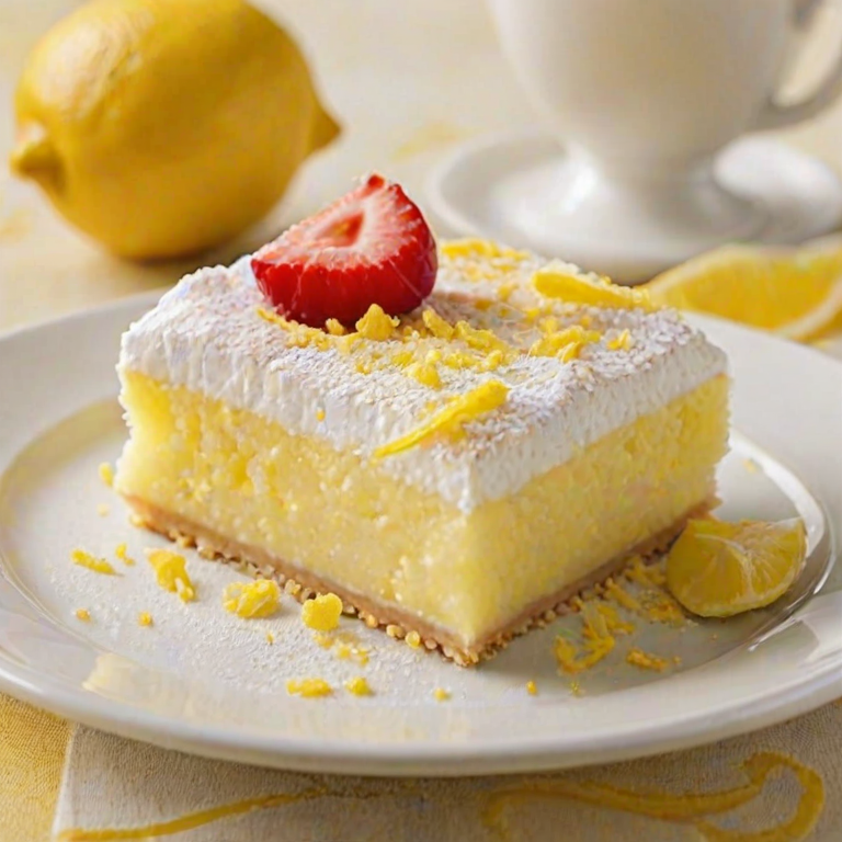 Create an image of a delicious lemon dessert that has a light, fluffy texture. The dessert should be square-shaped, with a smooth, creamy lemon filling and a dusting of powdered sugar on top. Surround the dessert with fresh lemon slices and a soft, blurred background to emphasize the vibrant yellow color.
