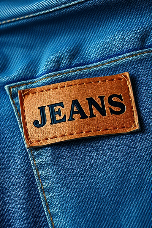Create a high-resolution texture design of denim fabric with a leather patch labeled "JEANS" stitched on it, using a Canon EOS R5 camera, 50mm lens, aperture f/2.8, ISO 100, focus on texture details and lighting to enhance the overall quality.