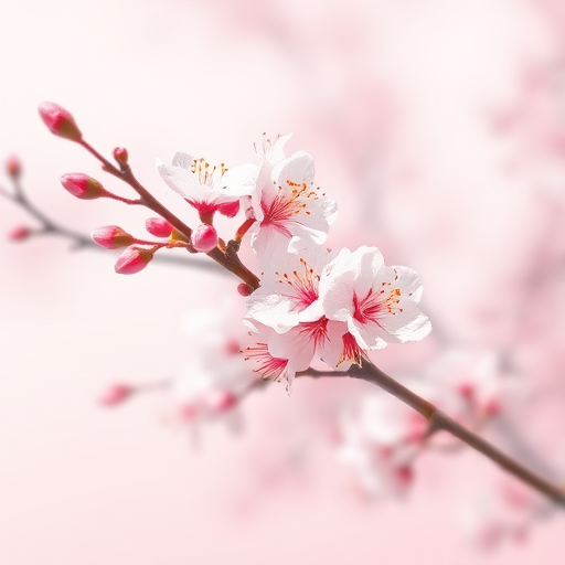 Create a high-resolution illustration of cherry blossom branches with a soft pastel pink background, using a macro lens setting, shot from a slight overhead angle with a digital painting style, employing a high-quality DSLR camera.
