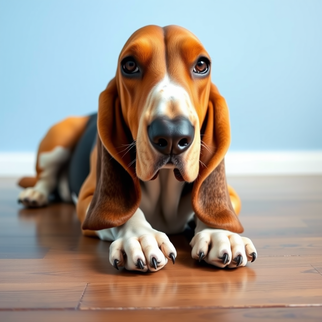 a close-up photograph of a basset hound lying on a wooden floor against a light blue background, soft natural lighting, camera settings: ISO 100, aperture f/2.8, shutter speed 1/250 sec, camera view: eye level, camera style: portrait, camera type: DSLR