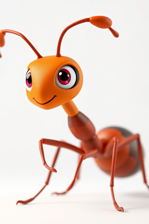 generate a vibrant 3D cartoon ant character with expressive eyes and a dynamic pose, using a full-body shot, 50mm lens, aperture f/2.8, ISO 100, soft studio lighting for enhanced detail and color saturation